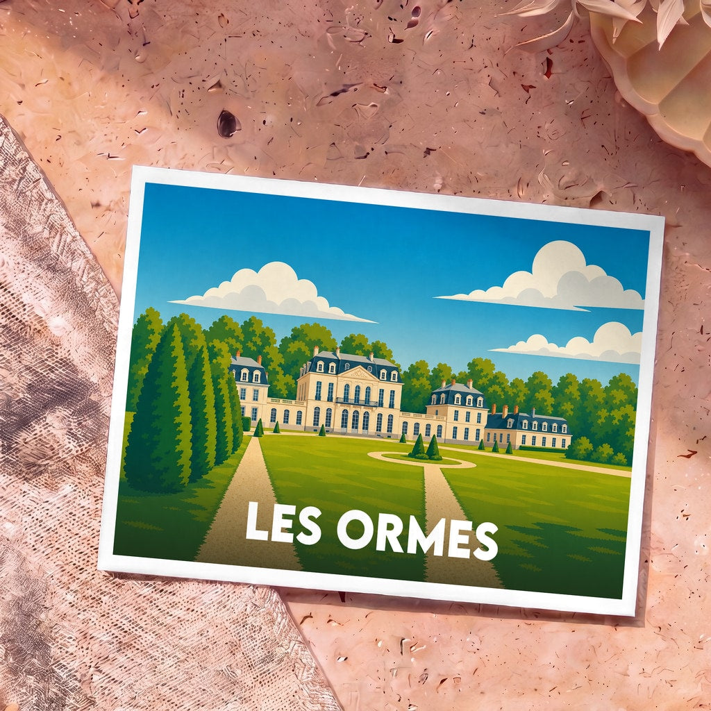 Carte postale souvenir de la ville de Les Ormes avec une illustration stylisée de son château et de ses jardins.