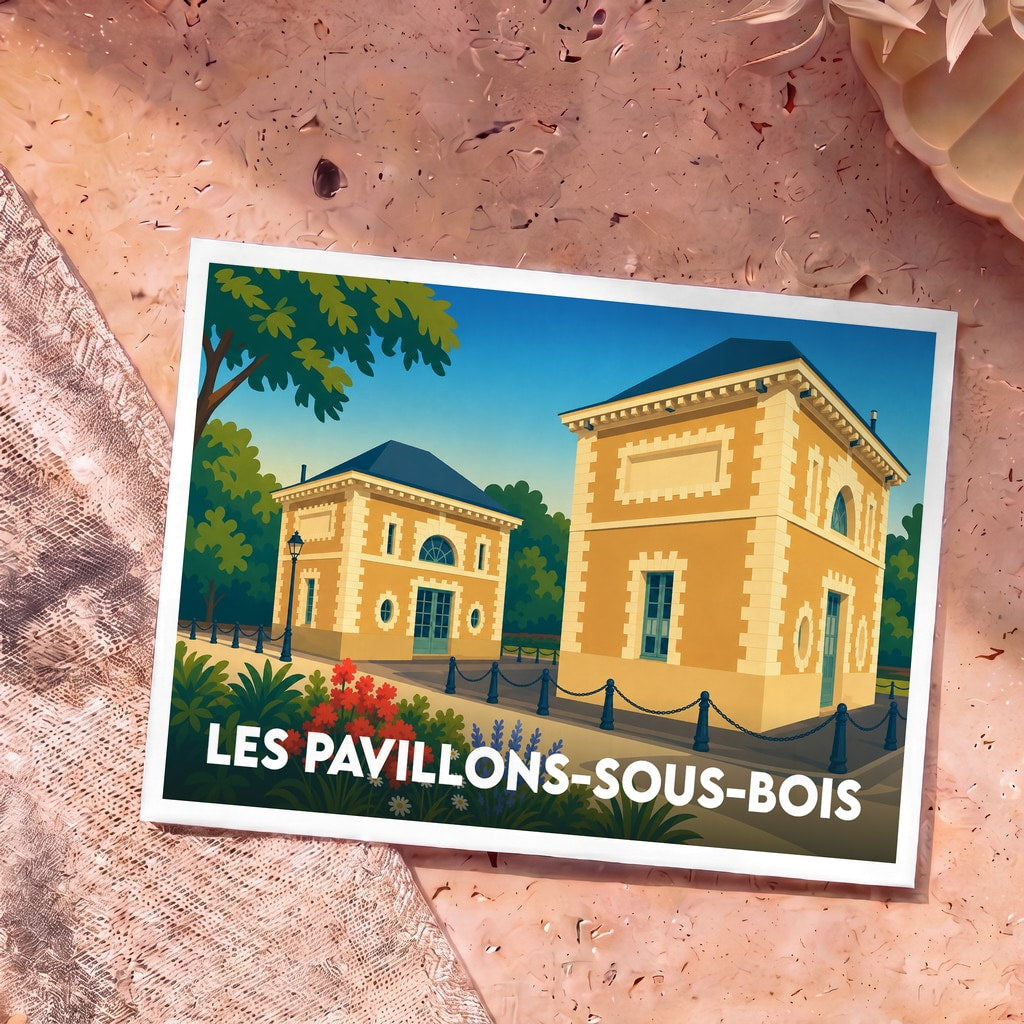 Carte postale souvenir de la ville de Les Pavillons-sous-Bois illustrant deux pavillons historiques dans un style rétro coloré.