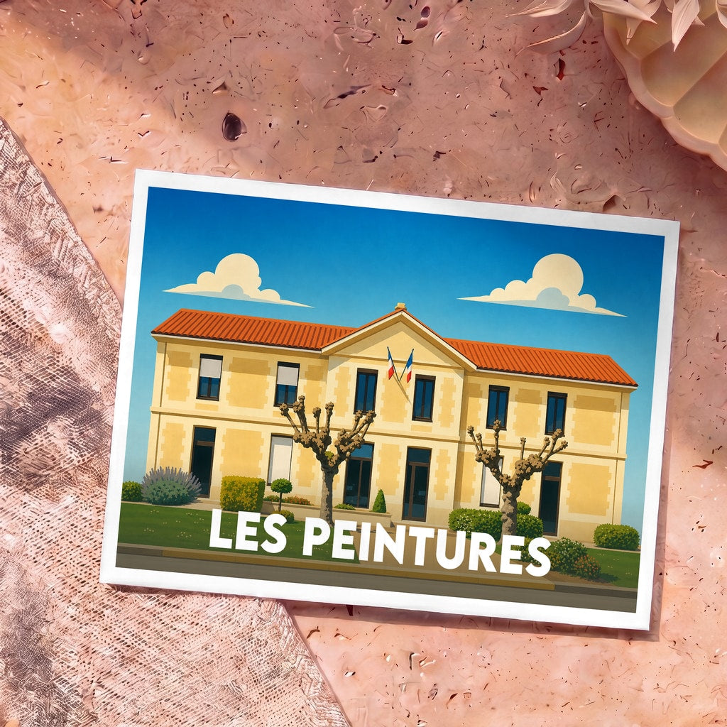 Carte postale souvenir de la ville de Les Peintures avec une illustration stylisée de sa mairie.