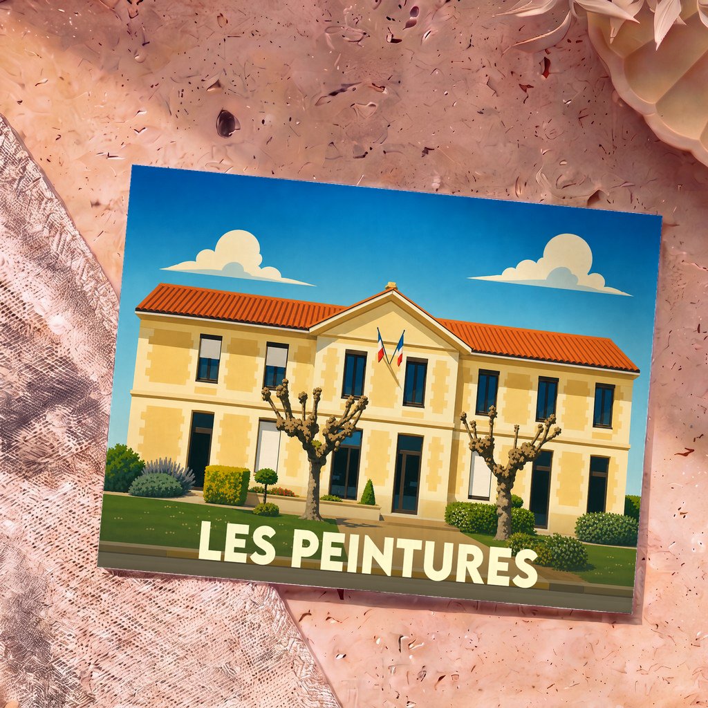 Carte postale souvenir de la ville de Les Peintures avec une illustration stylisée de sa mairie.