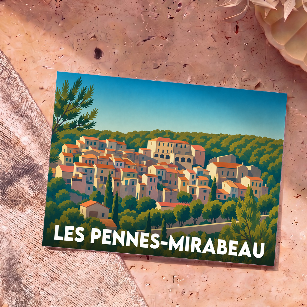 Carte postale souvenir de la ville de Les Pennes-Mirabeau avec une illustration stylisée d'un village perché provençal.