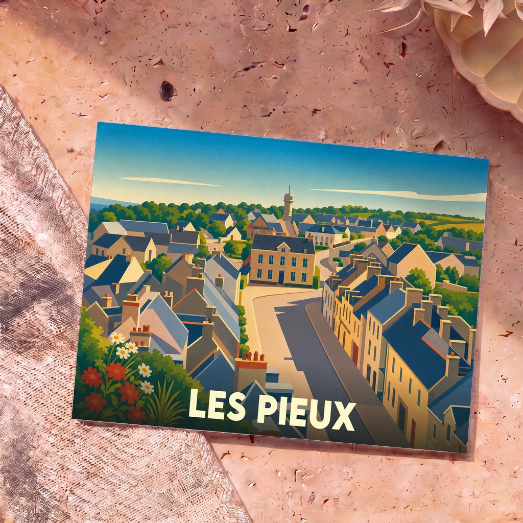 Carte postale souvenir de la ville de Les Pieux avec une illustration colorée et stylisée de ses rues et de ses maisons.