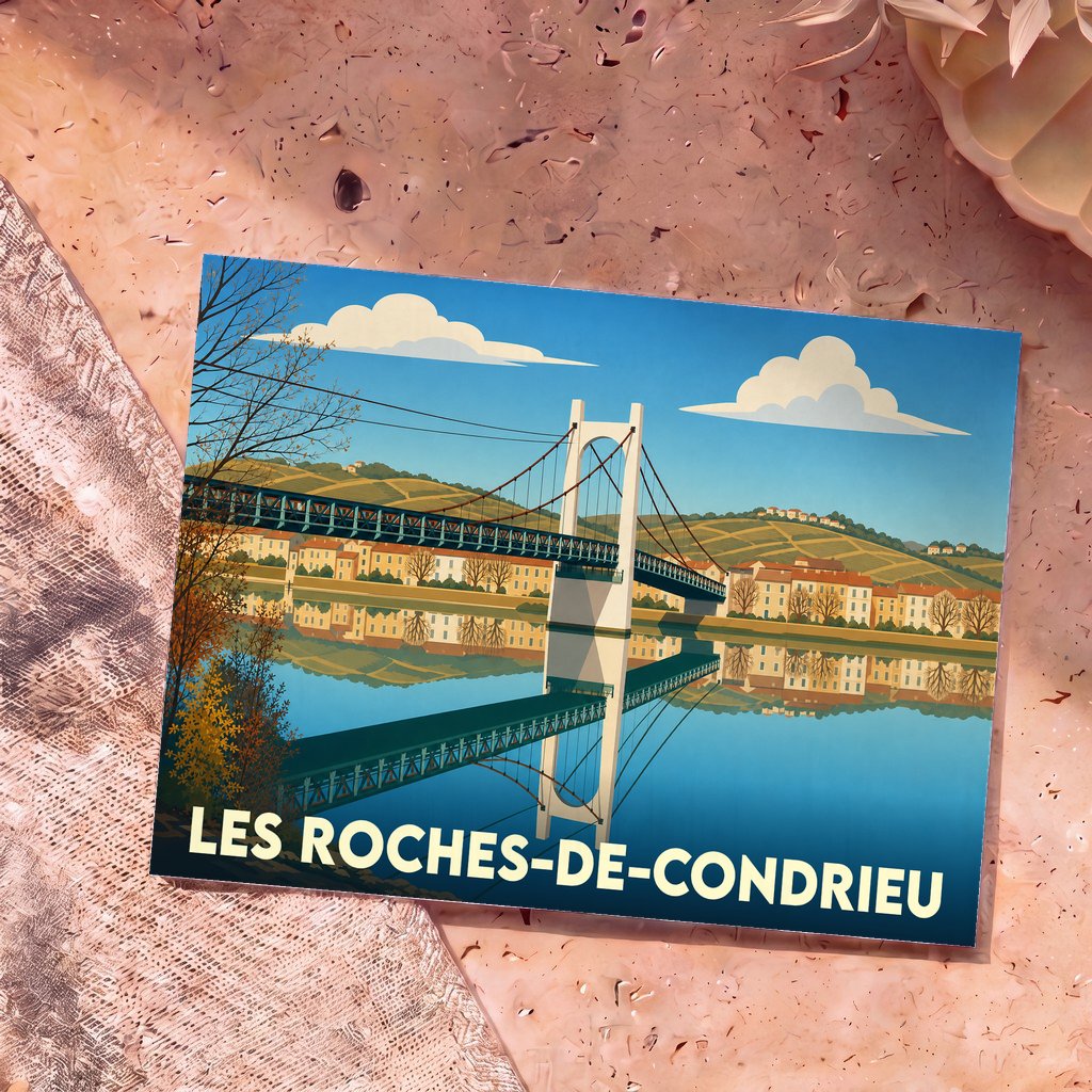 Carte postale souvenir de la ville de Les Roches-de-Condrieu avec une illustration stylisée de son pont suspendu.