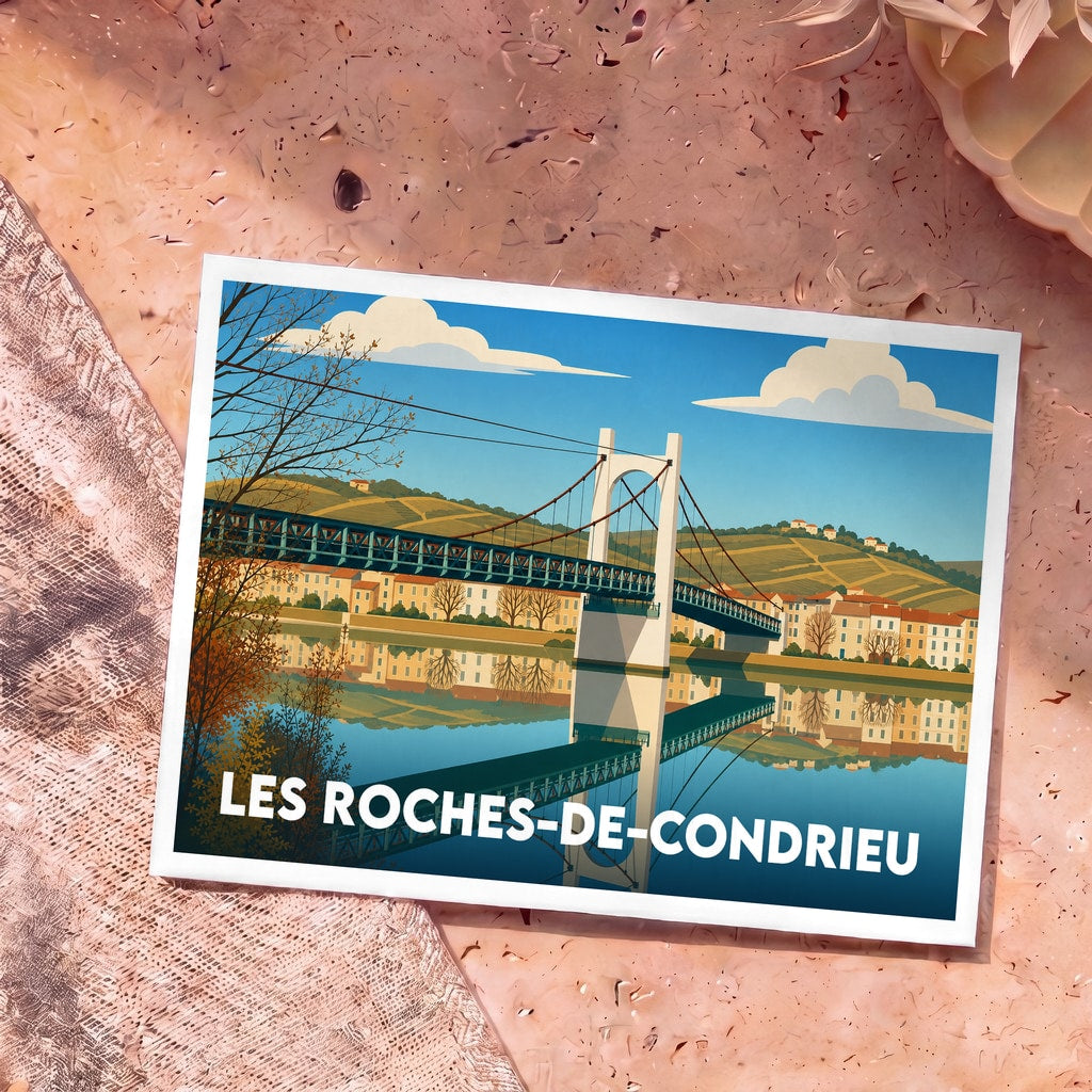 Carte postale souvenir de la ville de Les Roches-de-Condrieu avec une illustration stylisée de son pont suspendu.
