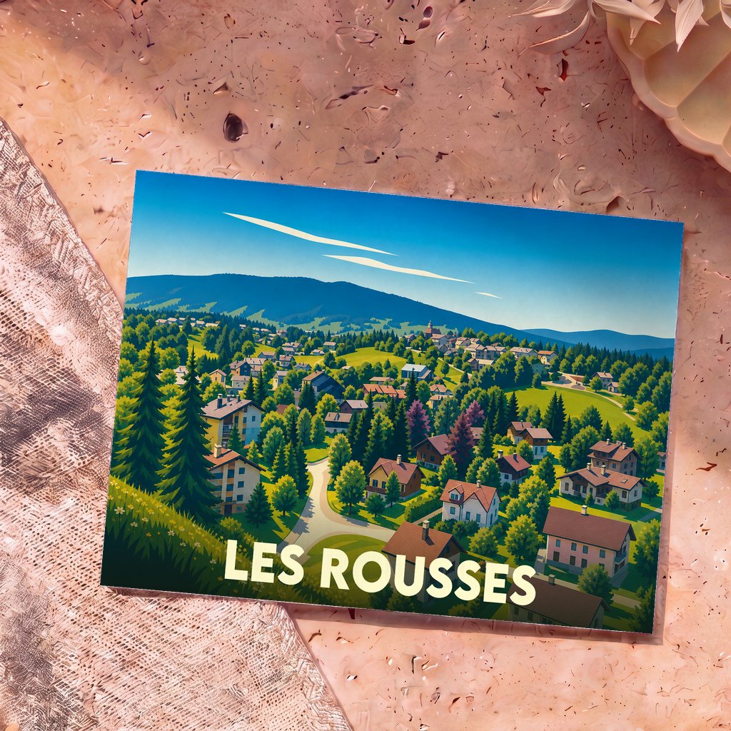 Carte postale souvenir de la ville de Les Rousses avec une illustration stylisée d'un village de montagne.