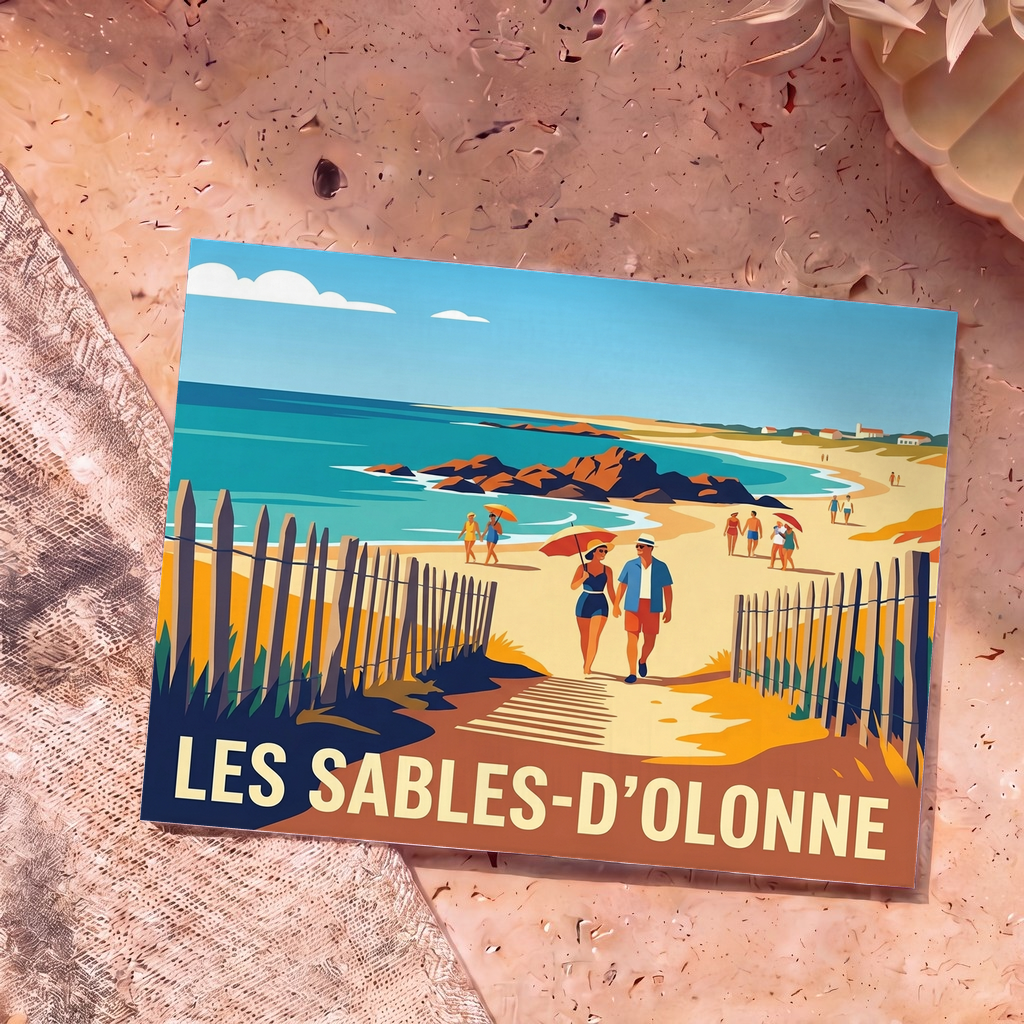 Carte postale souvenir de la ville de Les Sables-d'Olonne arborant une illustration balnéaire de style rétro.
