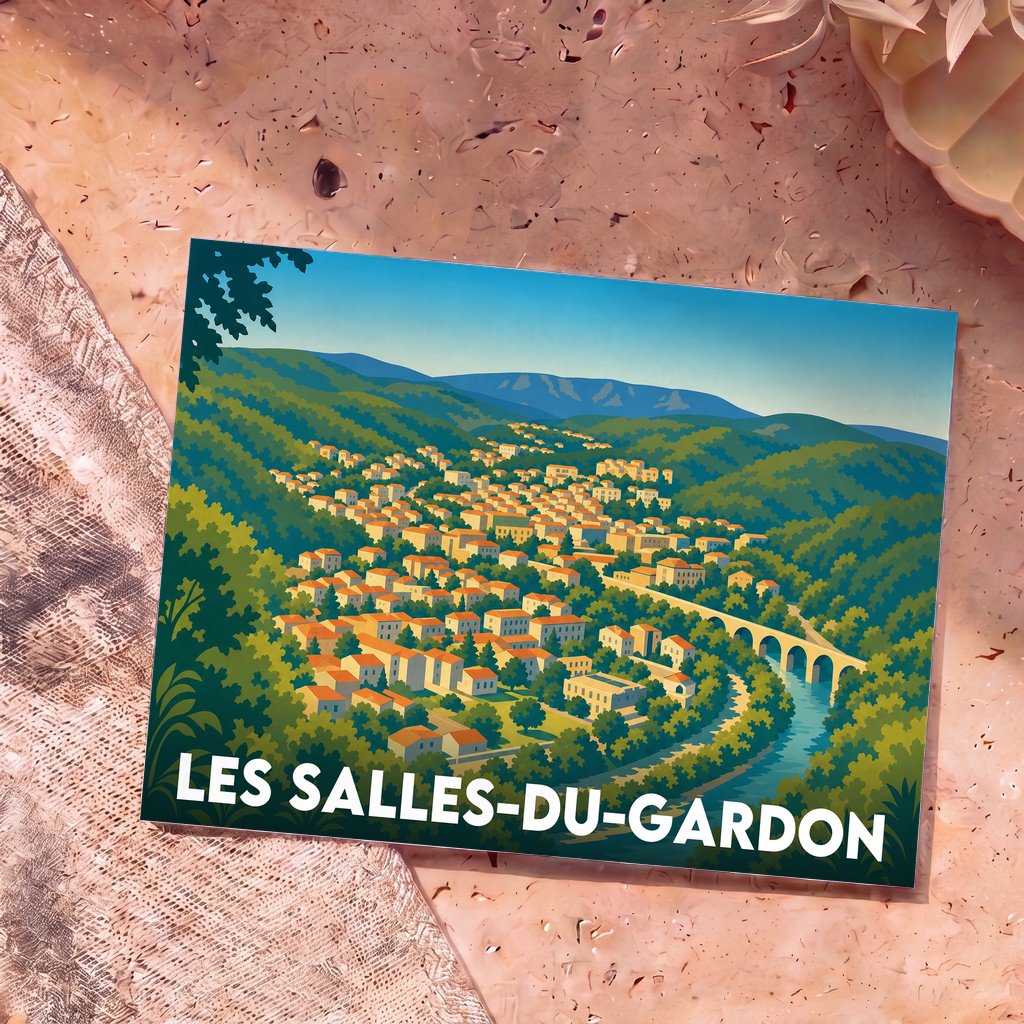Carte postale souvenir de la ville de Les Salles-du-Gardon avec une illustration stylisée d'un village niché dans une vallée verdoyante.