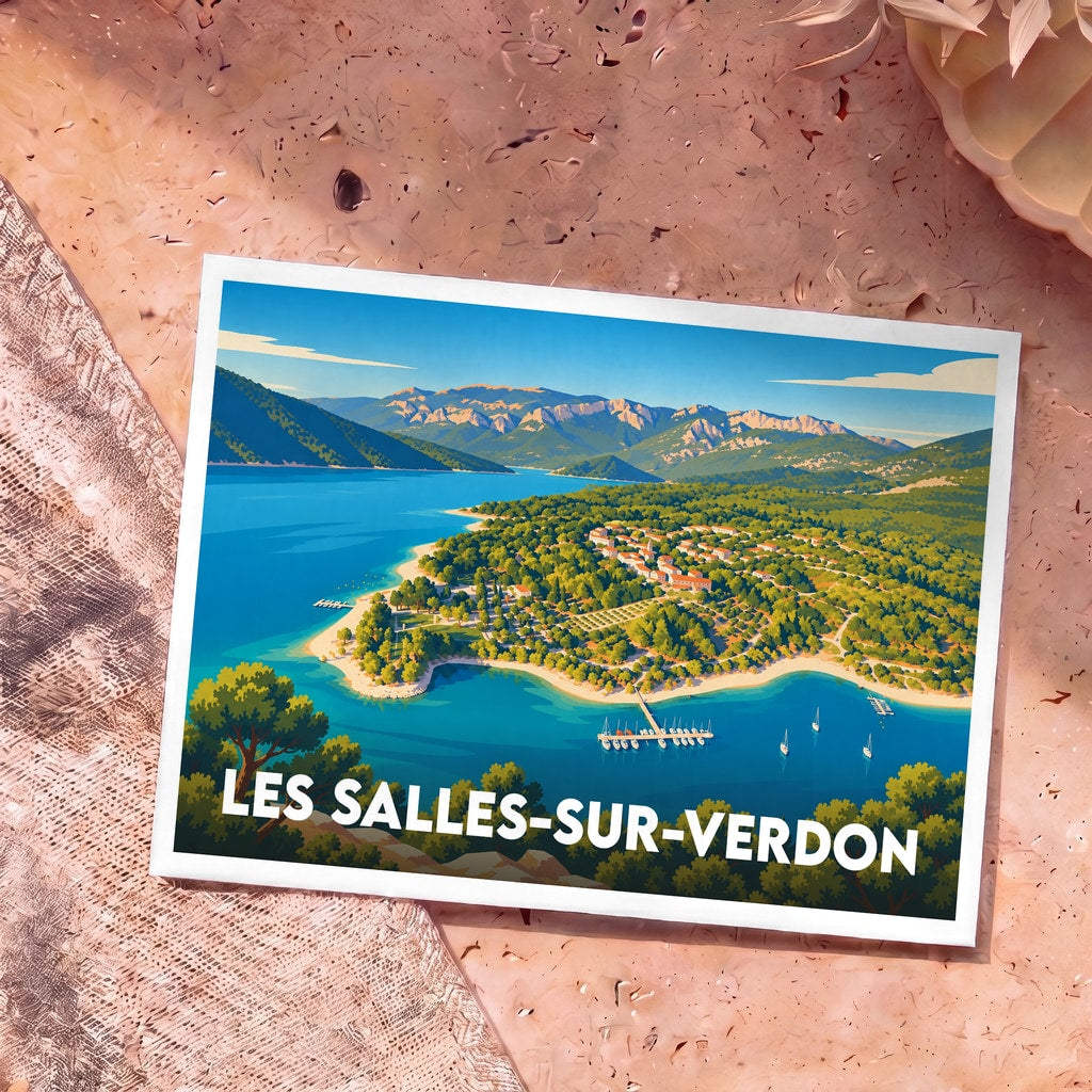 Carte postale souvenir de la ville de Les Salles-sur-Verdon avec une illustration stylisée du lac de Sainte-Croix.