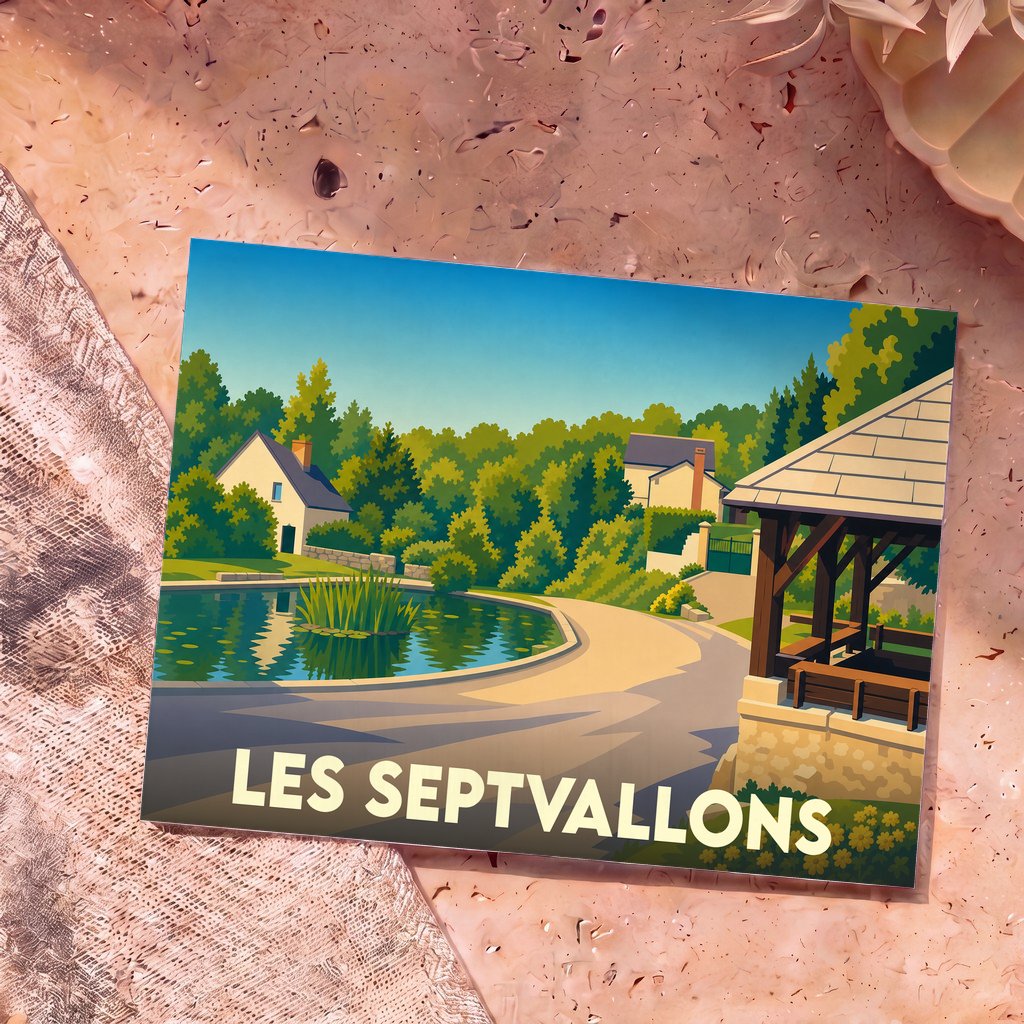 Carte postale souvenir de la ville de Les Septvallons avec une illustration stylisée d'un paysage verdoyant.