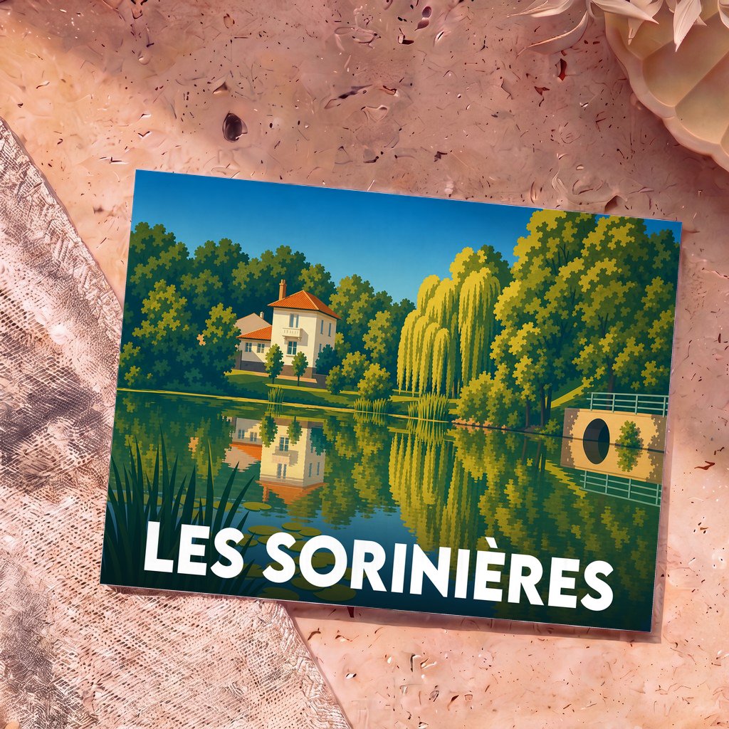 Carte postale souvenir de la ville de Les Sorinières avec une illustration stylisée de son menhir.