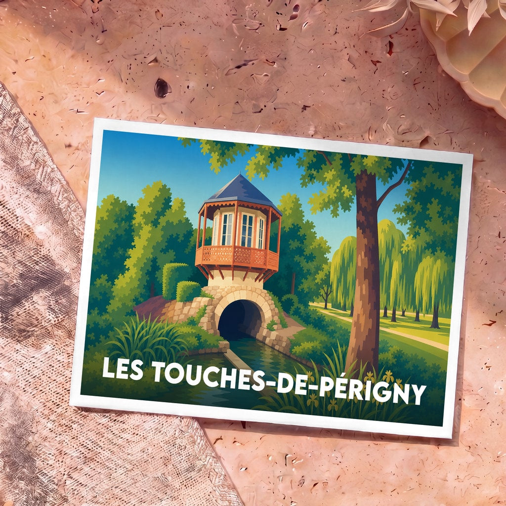 Carte postale souvenir de la ville de Les Touches-de-Périgny avec une illustration stylisée d'un pavillon au-dessus d'une rivière.