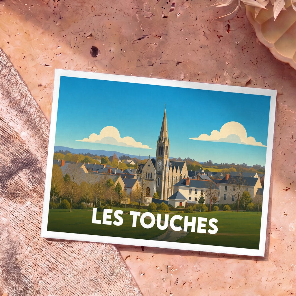 Carte postale souvenir de la ville de Les Touches avec une illustration stylisée de son église et de ses paysages.
