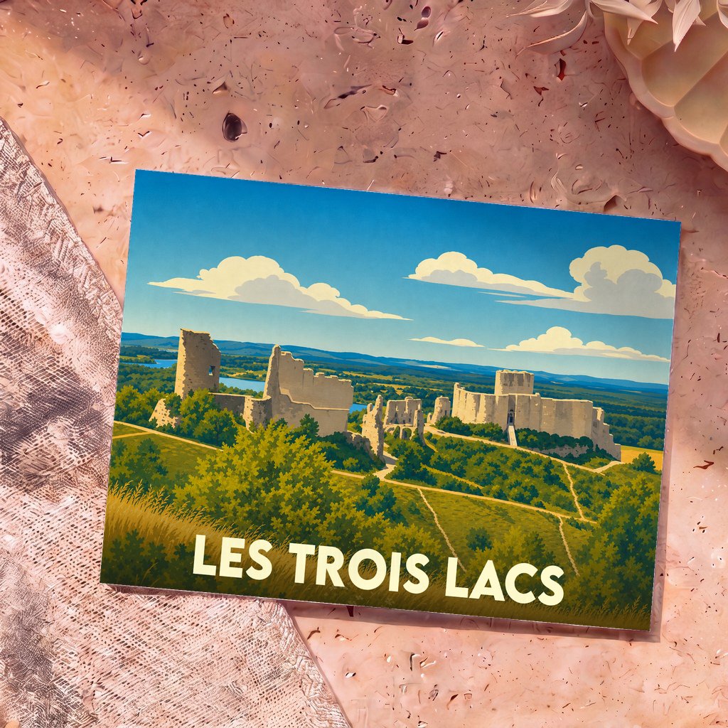 Carte postale souvenir de la ville de Les Trois Lacs avec une illustration stylisée de ruines médiévales.