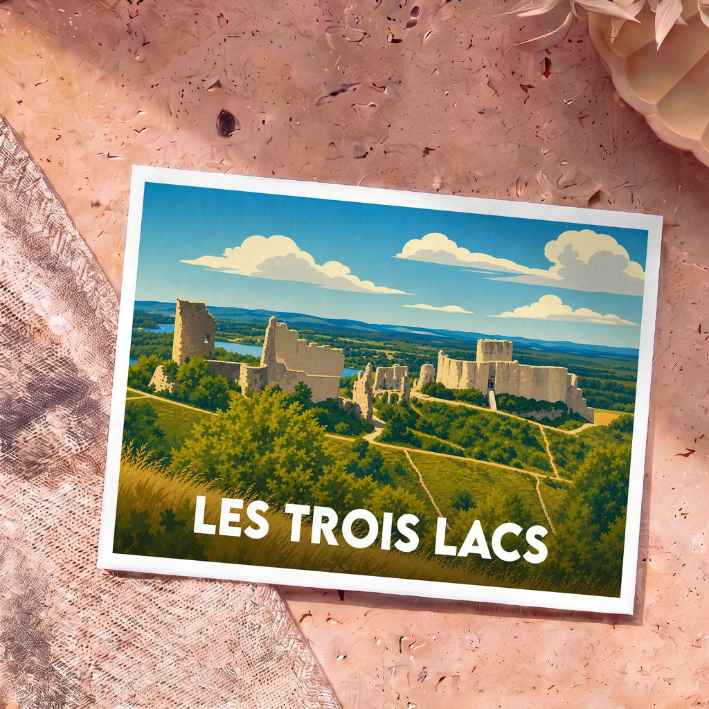 Carte postale souvenir de la ville de Les Trois Lacs avec une illustration stylisée de ruines médiévales.