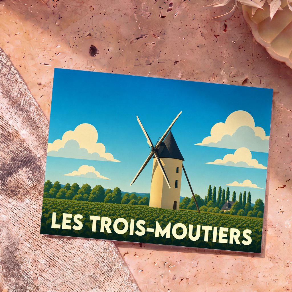 Carte postale souvenir de la ville de Les Trois-Moutiers illustrant un moulin à vent stylisé dans un paysage champêtre.