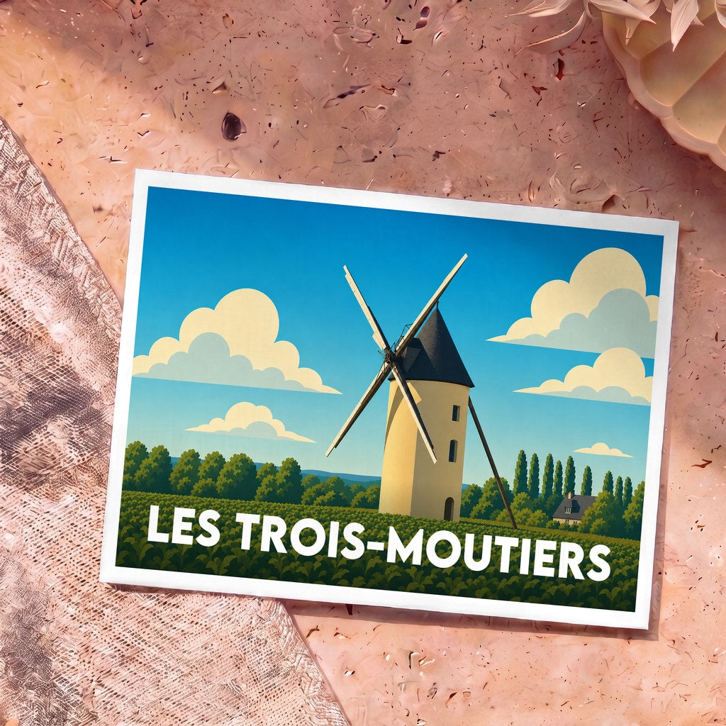 Carte postale souvenir de la ville de Les Trois-Moutiers illustrant un moulin à vent stylisé dans un paysage champêtre.