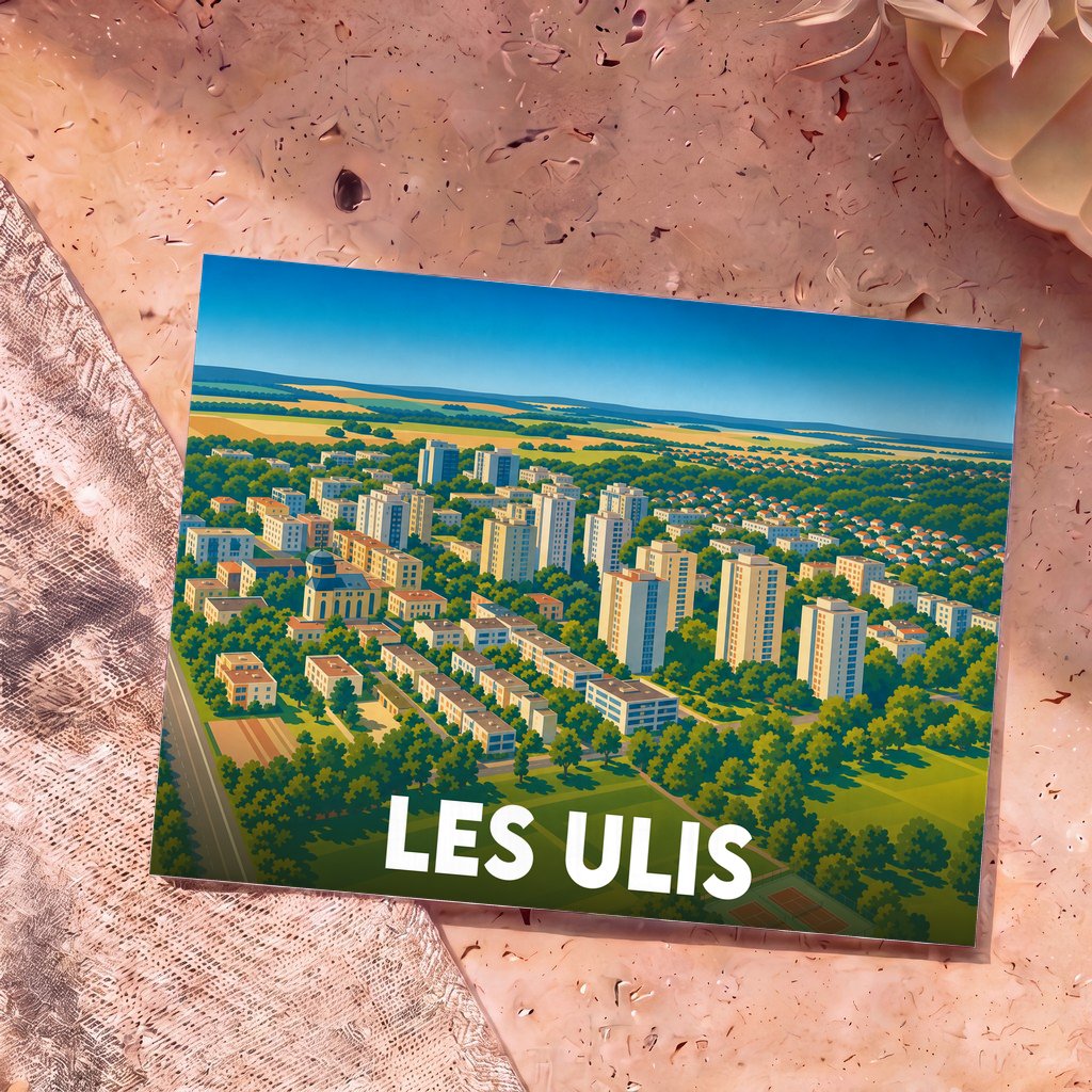 Carte postale souvenir de la ville de Les Ulis avec une illustration stylisée vue du ciel.
