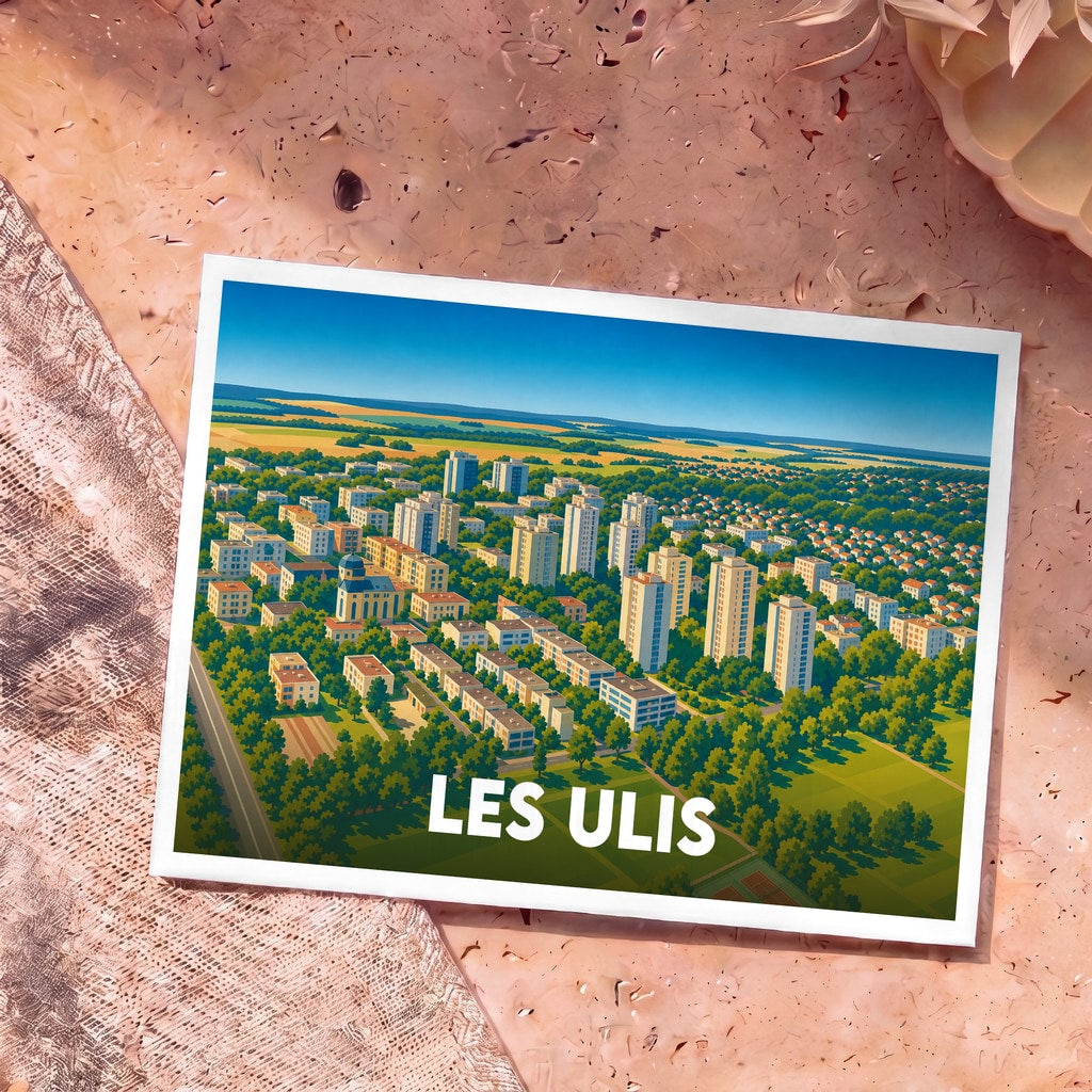 Carte postale souvenir de la ville de Les Ulis avec une illustration stylisée vue du ciel.