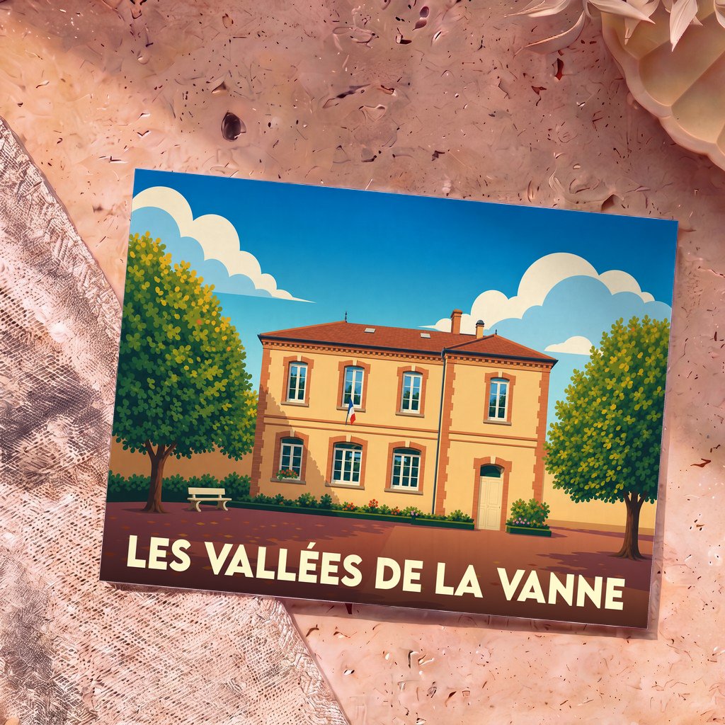 Carte postale souvenir de la commune de Les Vallées de la Vanne avec une illustration stylisée de sa mairie.