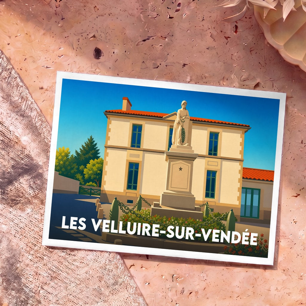 Carte postale souvenir de la ville de Les Velluire-sur-Vendée avec une illustration stylisée de son monument aux morts.