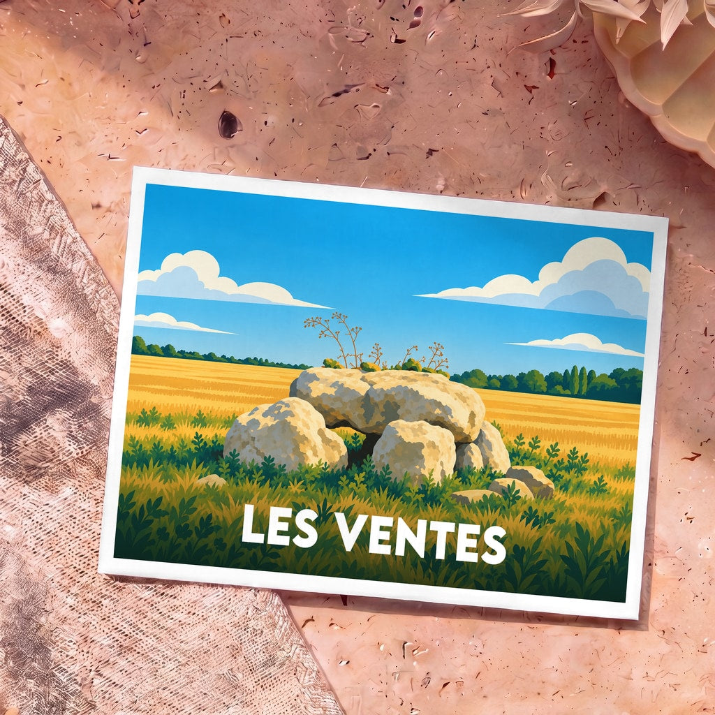 Carte postale souvenir de la ville de Les Ventes illustrant un dolmen stylisé au milieu des champs.