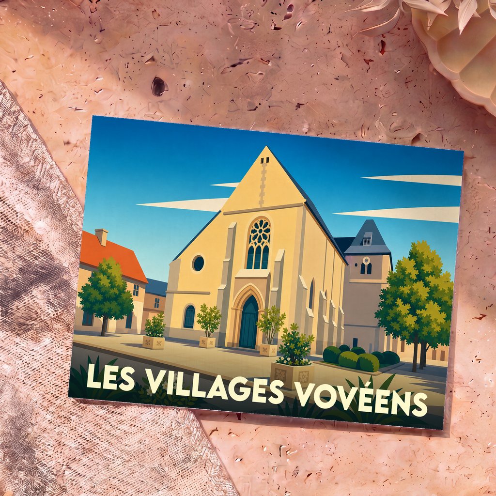 Carte postale souvenir de la ville de Les Villages Vovéens avec une illustration stylisée de son église.