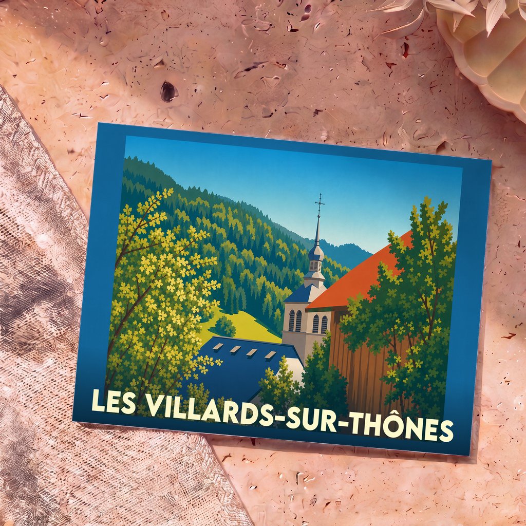 Carte postale souvenir de la ville de Les Villards-sur-Thônes avec une illustration stylisée de son église et de ses montagnes.