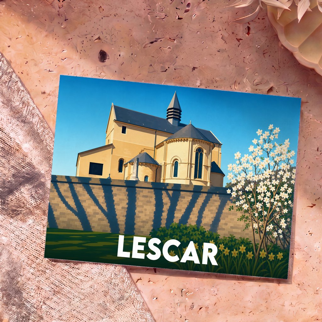 Carte postale souvenir de la ville de Lescar avec une illustration stylisée de sa cathédrale et des fleurs blanches.