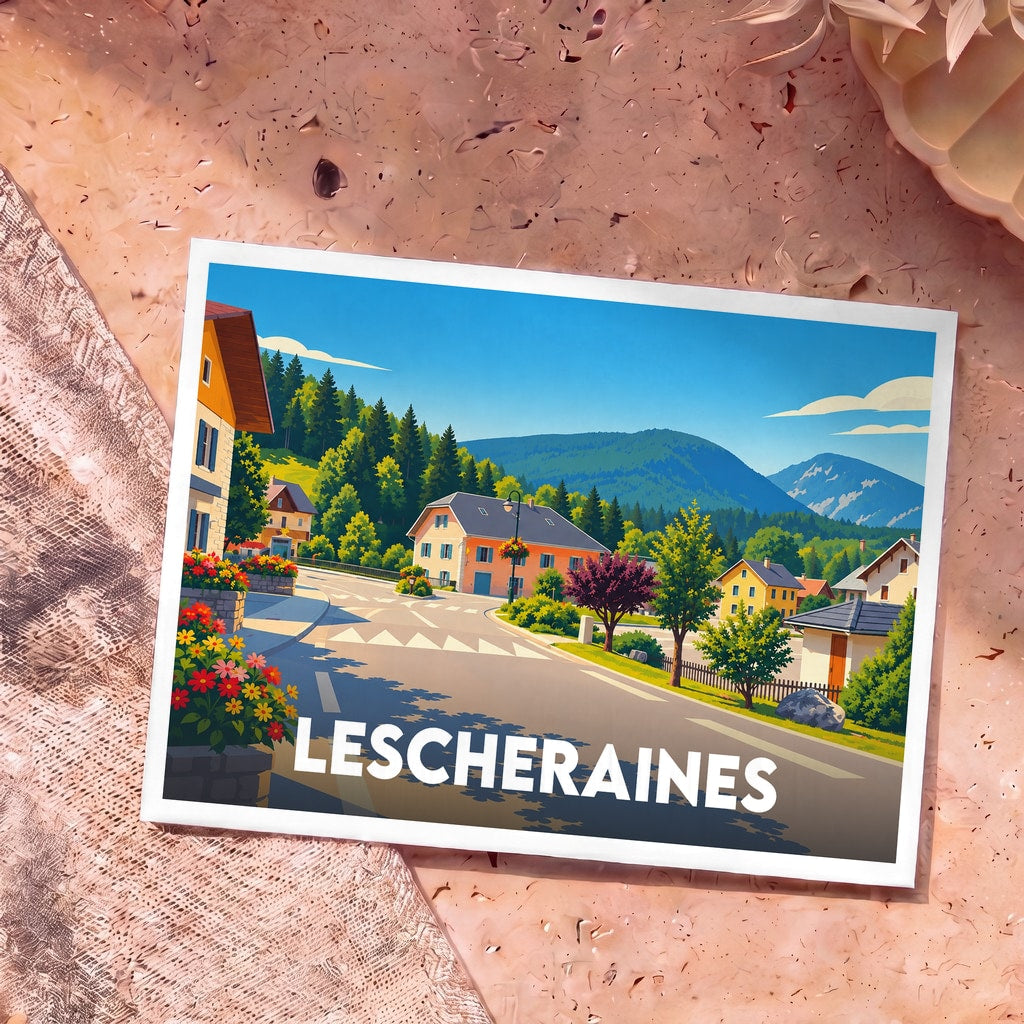 Carte postale souvenir de la ville de Lescheraines avec une illustration stylisée d'un village de montagne.