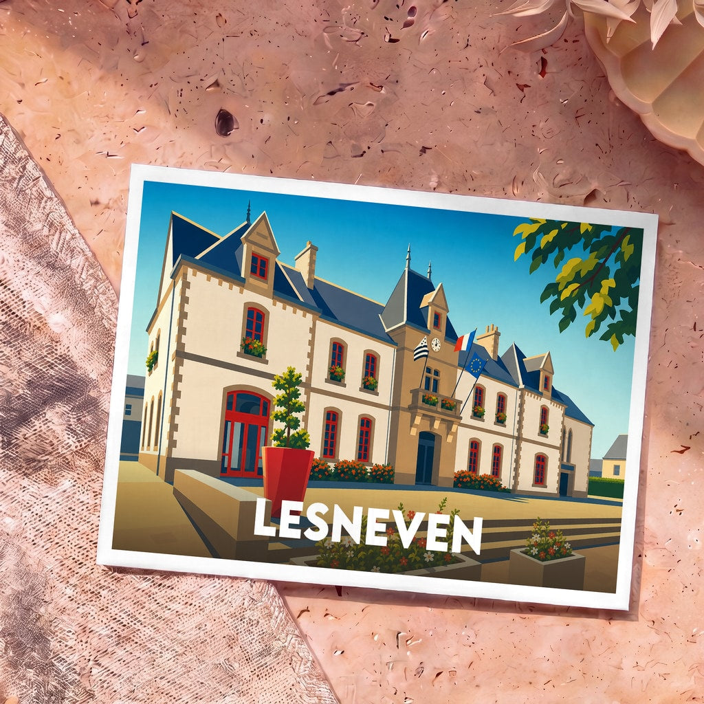 Carte postale souvenir de la ville de Lesneven avec une illustration colorée et stylisée de l'hôtel de ville.