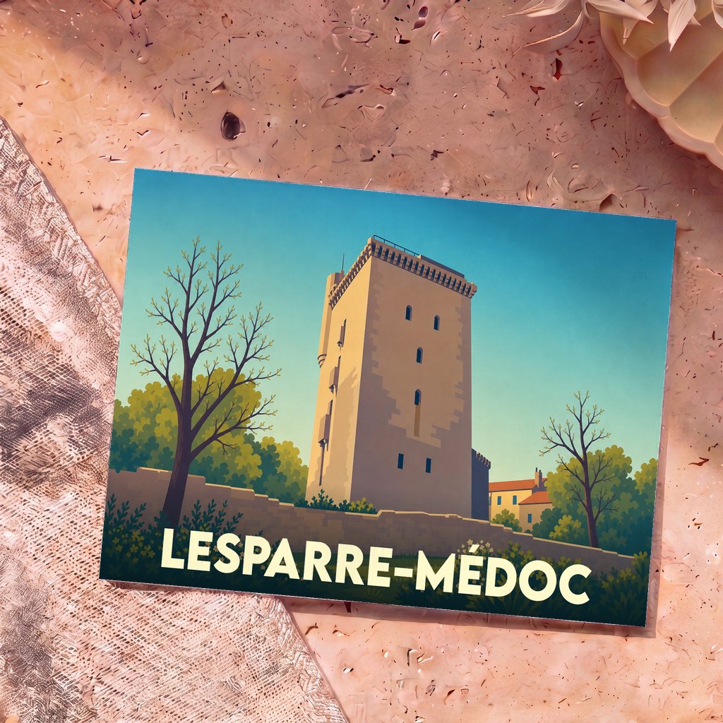 Carte postale souvenir de la ville de Lesparre-Médoc illustrant la Tour de l'Honneur dans un style graphique épuré.