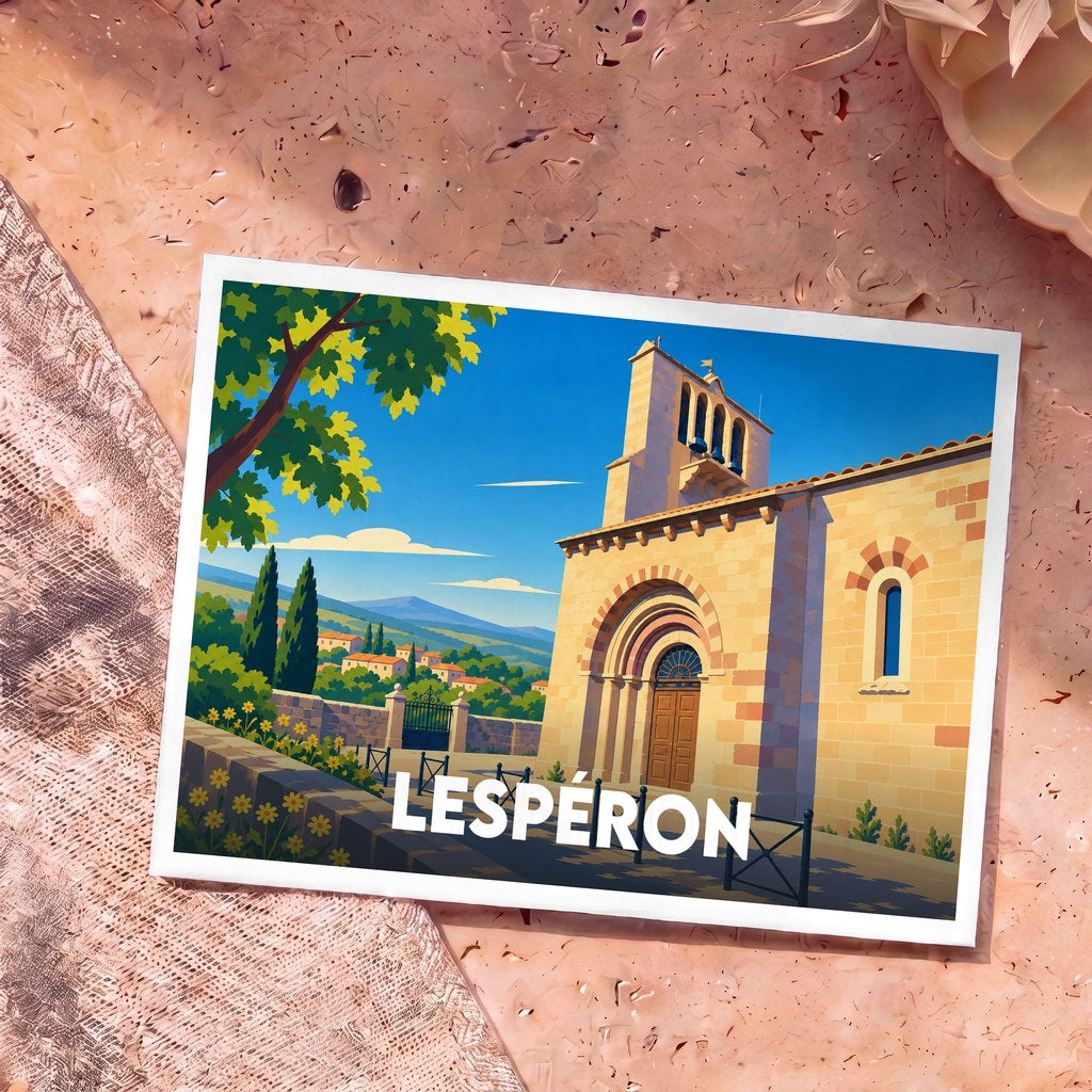 Carte postale souvenir de la ville de Lespéron avec une illustration stylisée de son église romane.