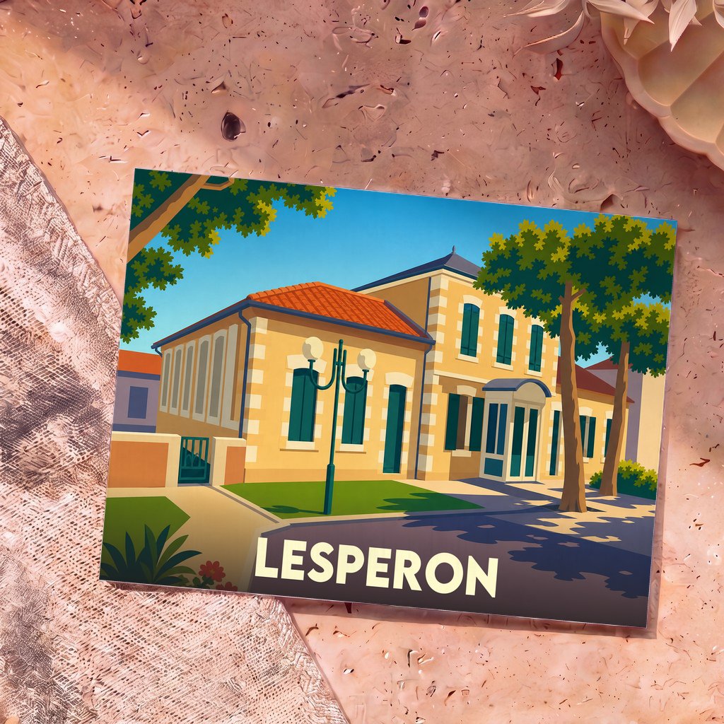 Carte postale souvenir de la ville de Lesperon avec une illustration stylisée d'un bâtiment typique.