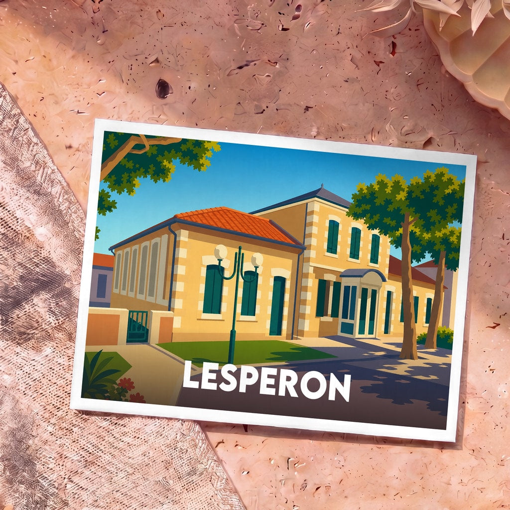 Carte postale souvenir de la ville de Lesperon avec une illustration stylisée d'un bâtiment typique.