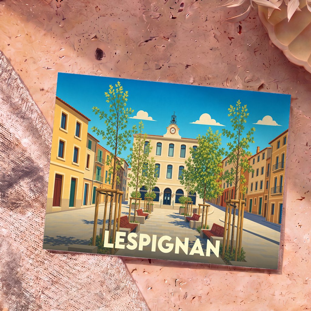 Carte postale souvenir de la ville de Lespignan présentant une illustration stylisée de sa place principale.
