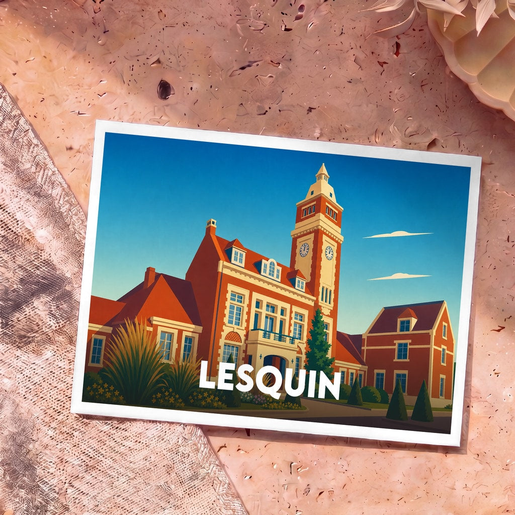 Carte postale souvenir de la ville de Lesquin illustrant l'hôtel de ville dans un style graphique épuré.