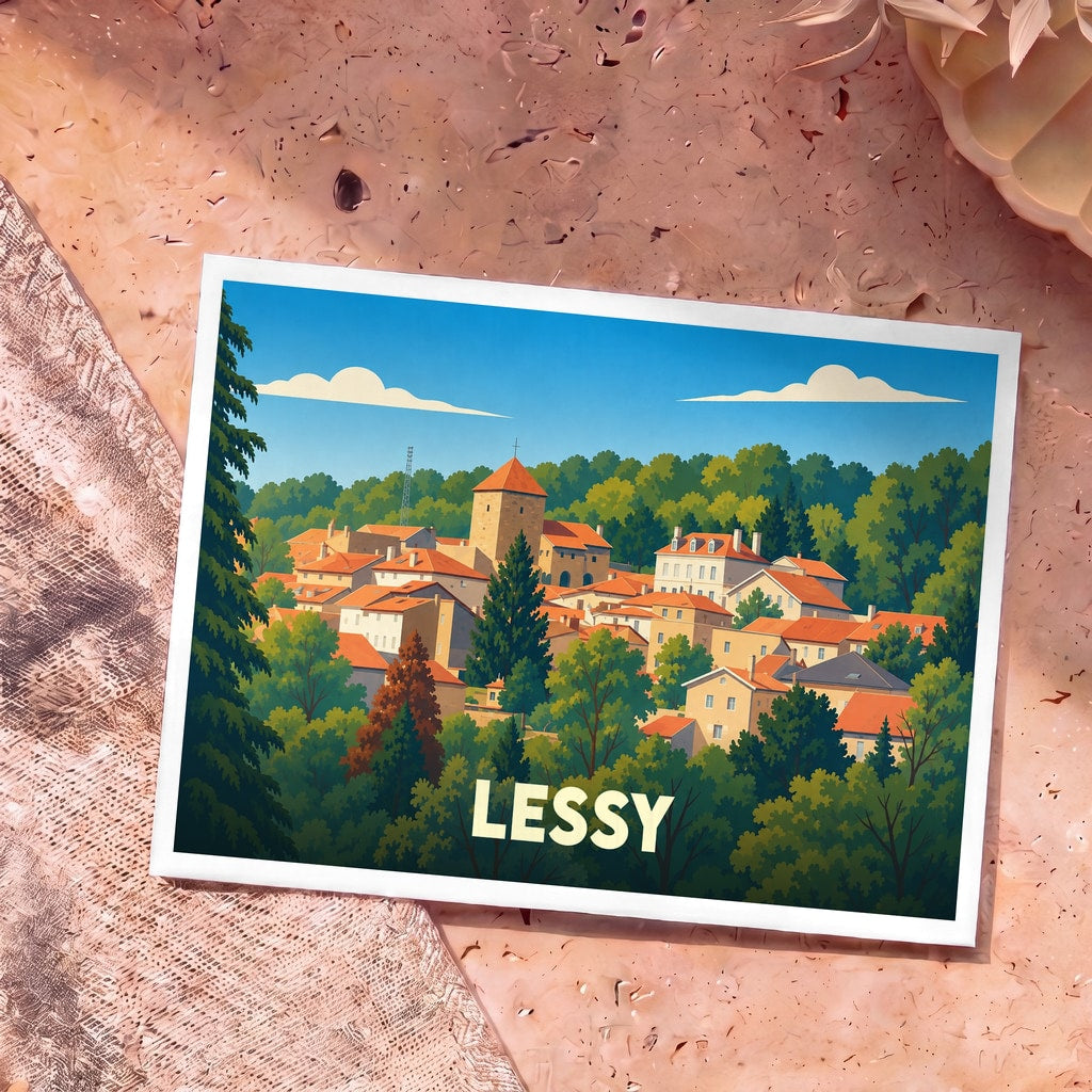Carte postale souvenir de la ville de Lessy avec une illustration stylisée de ses toits orangés nichés dans la verdure.