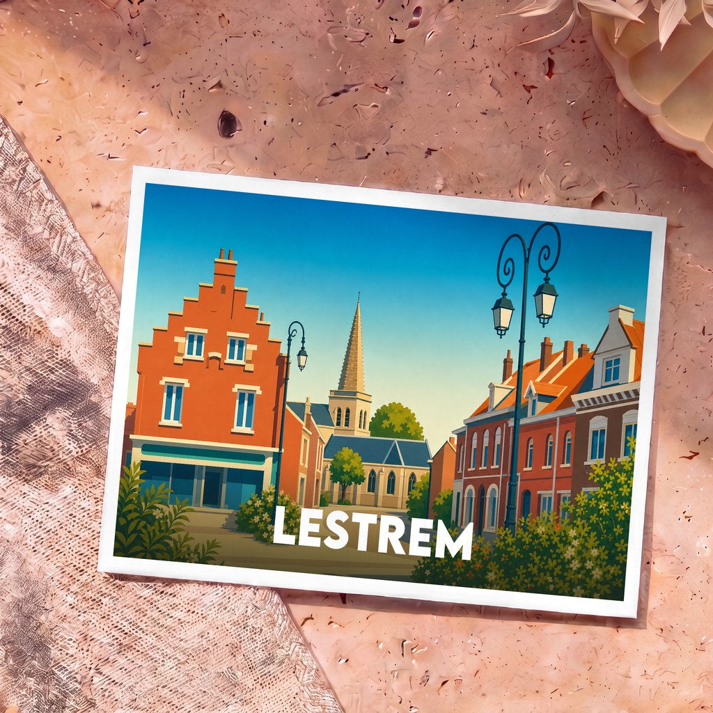 Carte postale souvenir de la ville de Lestrem avec une illustration stylisée de ses bâtiments en briques rouges et de son église.