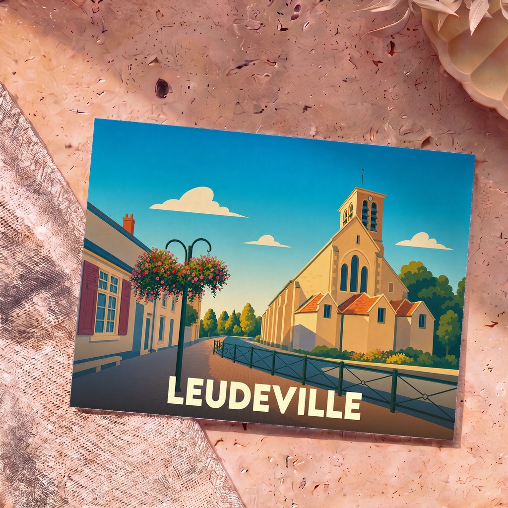 Carte postale souvenir de la ville de Leudeville avec une illustration stylisée de son église et de ses rues.