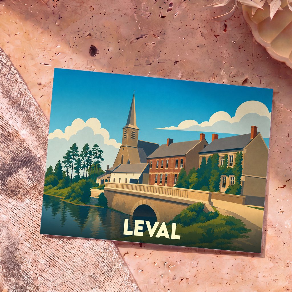 Carte postale souvenir de la ville de Leval illustrant une église et un pont en bord de rivière.