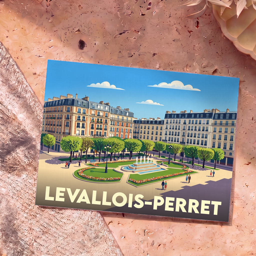 Carte postale souvenir de la ville de Levallois-Perret illustrant une place arborée avec une fontaine.
