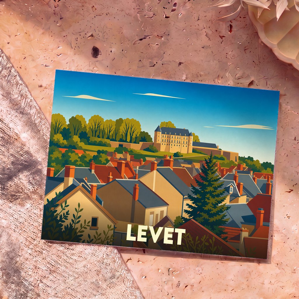 Carte postale souvenir de la ville de Levet avec une illustration stylisée de ses toits et de son château.