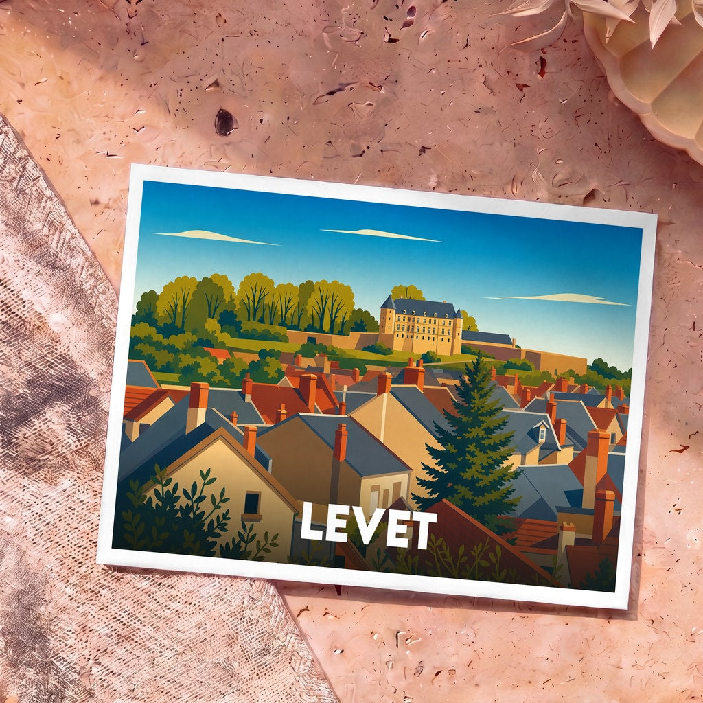 Carte postale souvenir de la ville de Levet avec une illustration stylisée de ses toits et de son château.