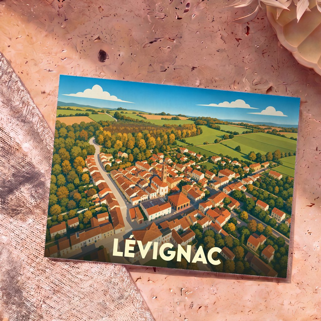 Carte postale souvenir de la ville de Lévignac avec une illustration aérienne stylisée.