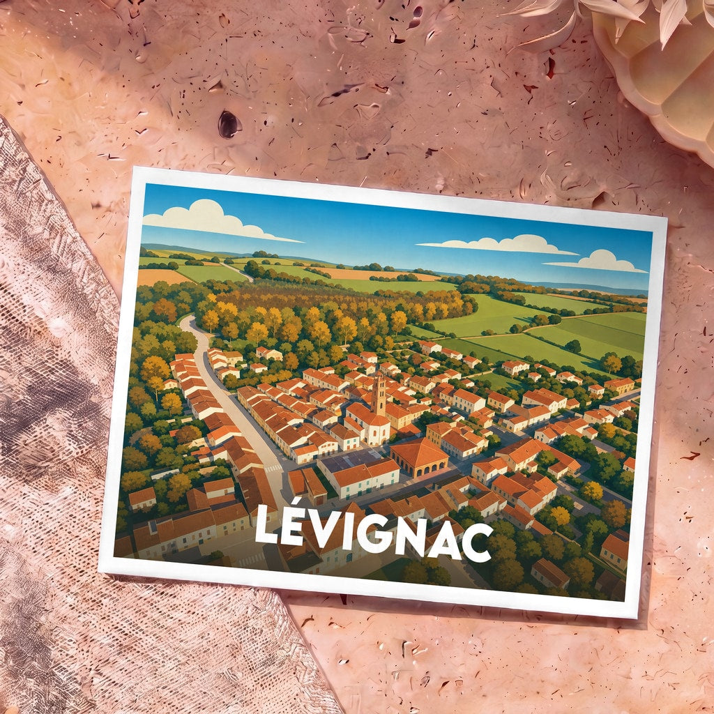 Carte postale souvenir de la ville de Lévignac avec une illustration aérienne stylisée.