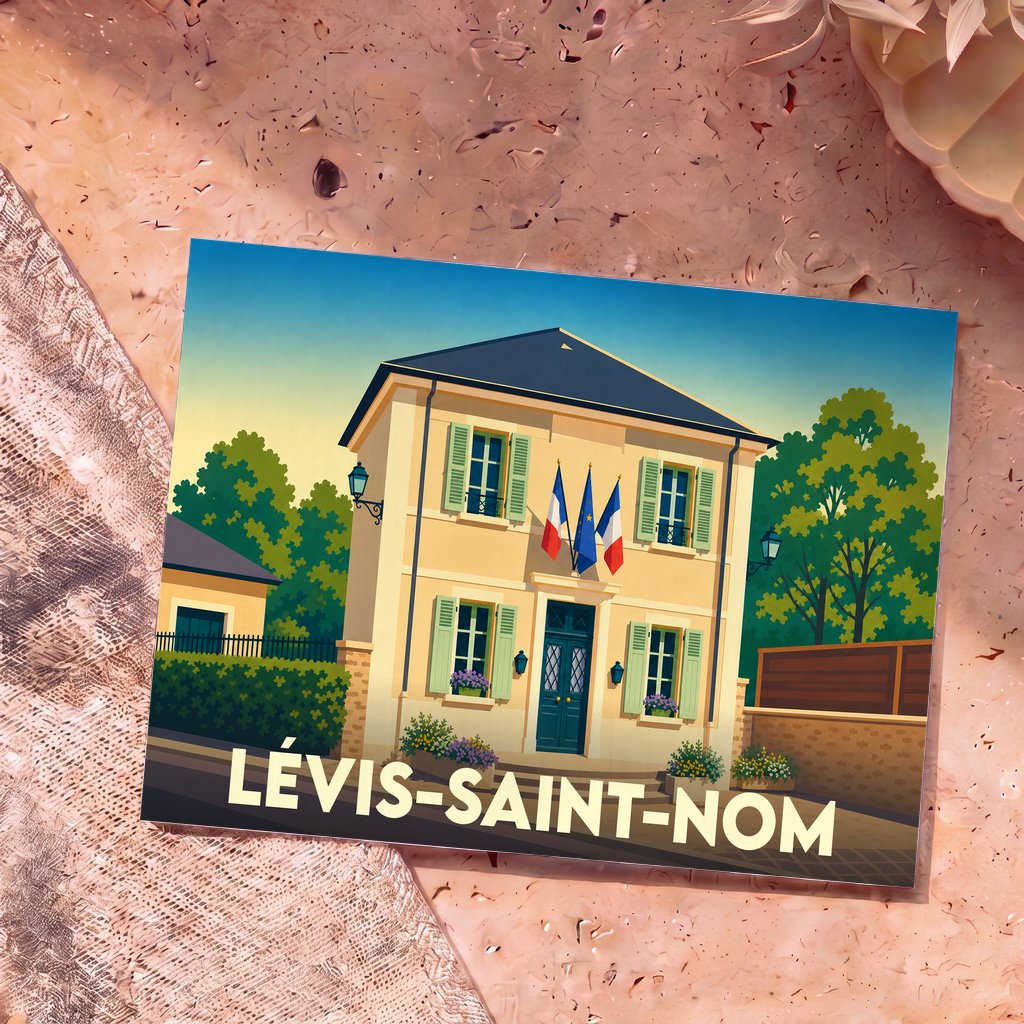 Carte postale souvenir de la ville de Lévis-Saint-Nom avec une illustration stylisée de la mairie.