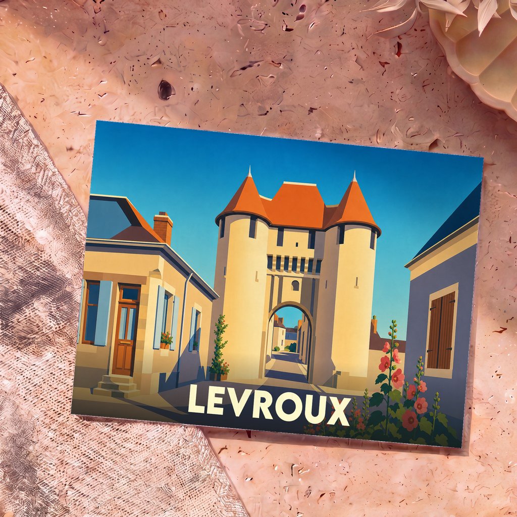 Carte postale souvenir de la ville de Levroux avec une illustration stylisée de sa porte médiévale monumentale.
