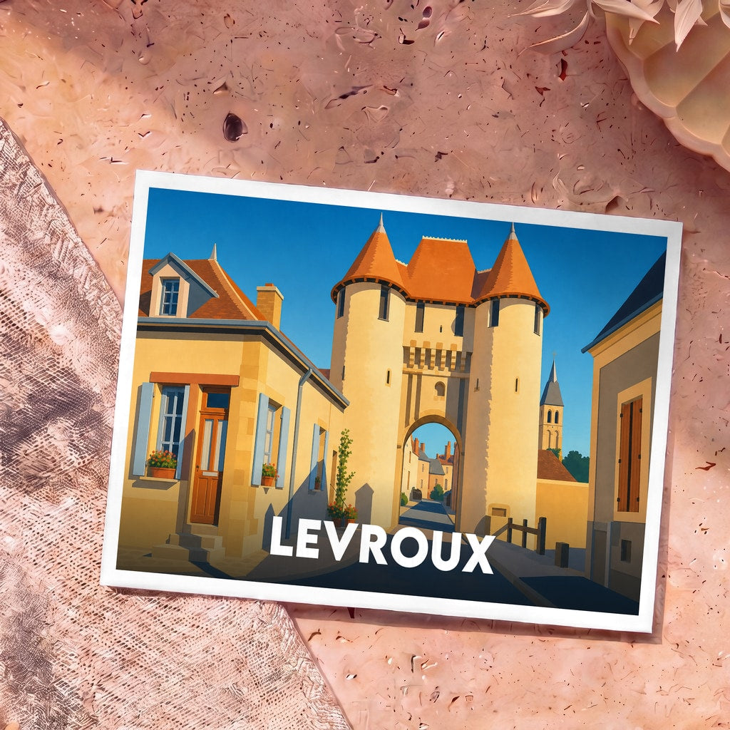 Carte postale souvenir de la ville de Levroux avec une illustration stylisée de sa porte médiévale monumentale.