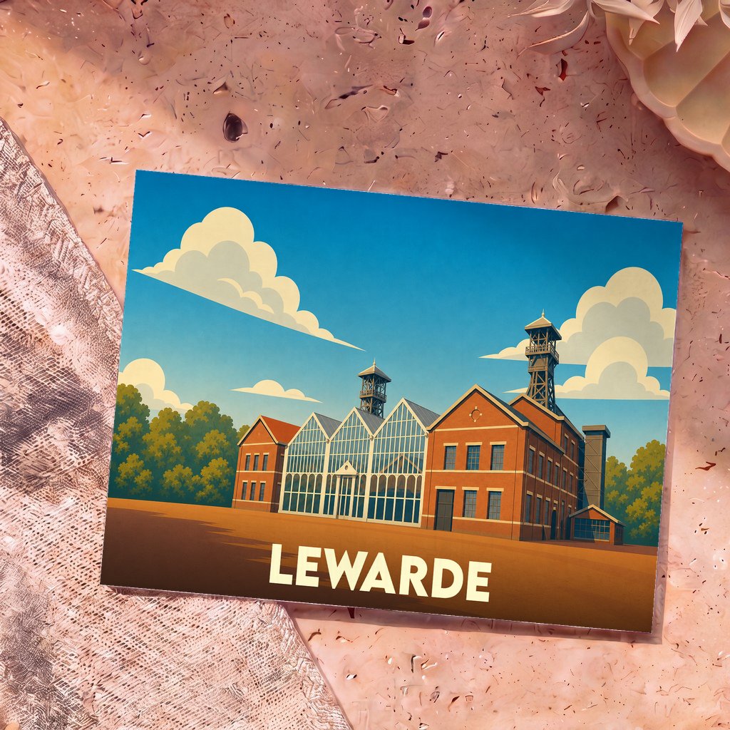 Carte postale souvenir de la ville de Lewarde avec une illustration stylisée du centre historique minier.