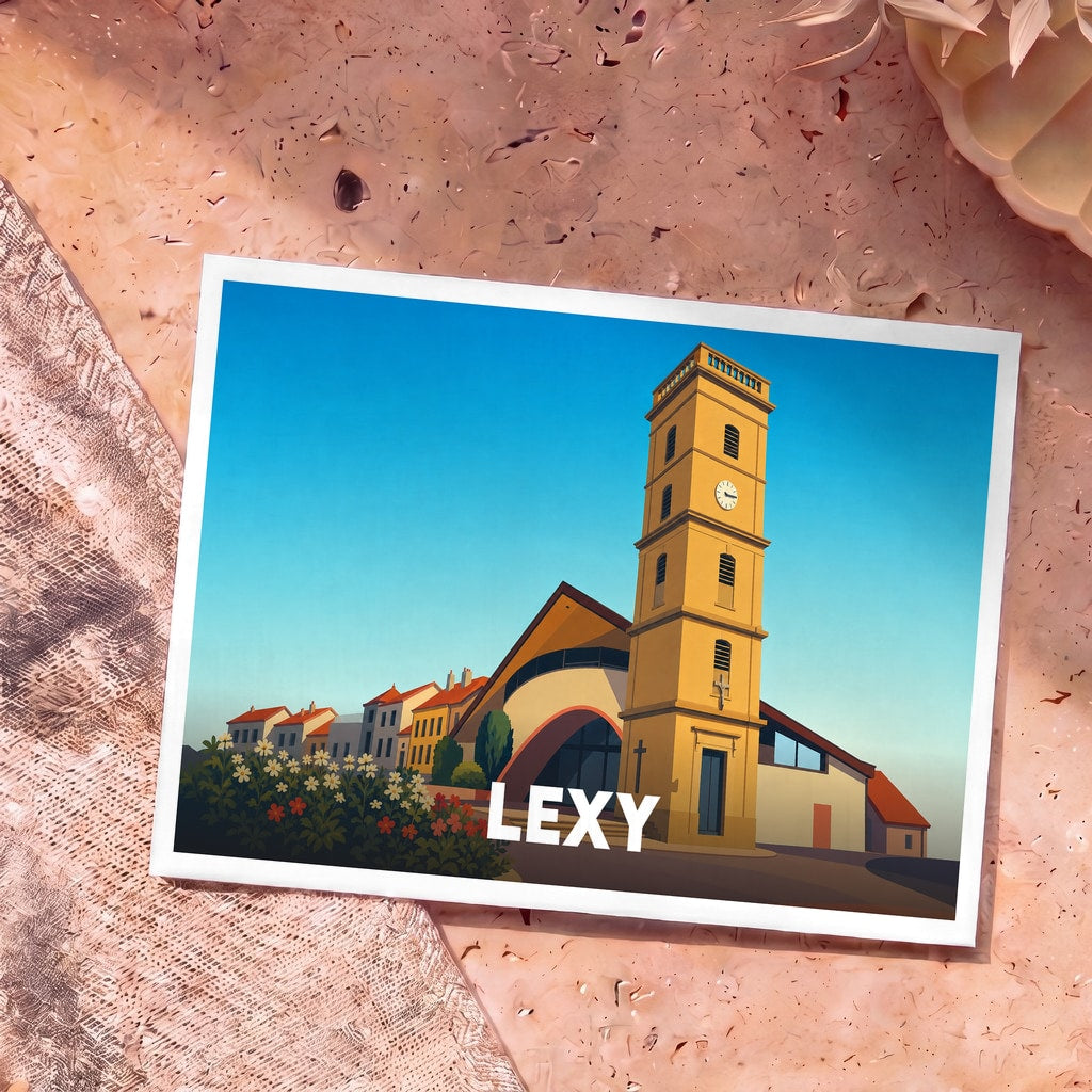 Carte postale souvenir de la ville de Lexy avec une illustration stylisée de son église et de son clocher.